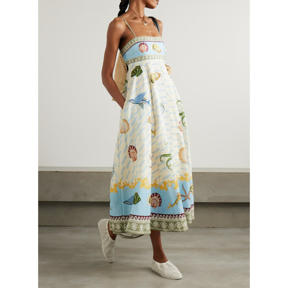 ALEMAIS + Sam Pauletto Bath House printed smocked linen midi dress US 2 - Picture 5 of 11